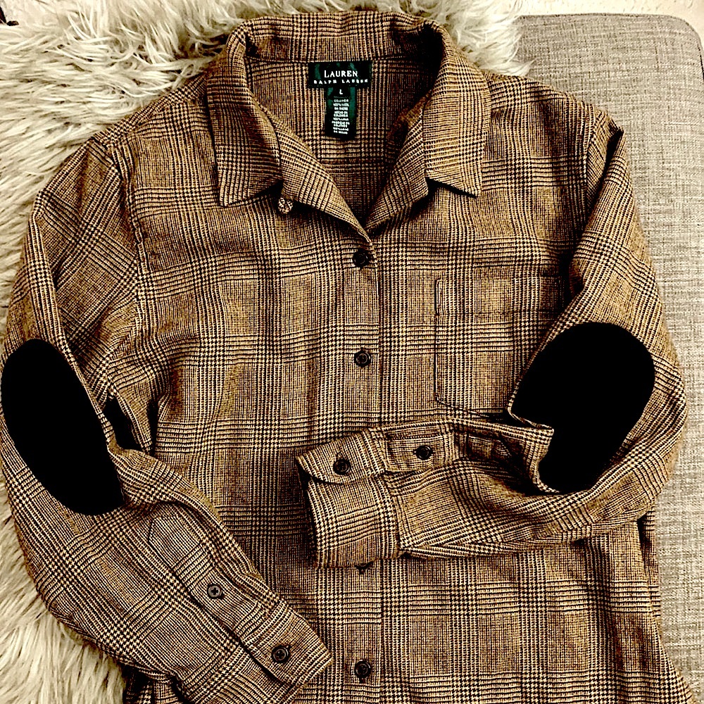 Ralph Lauren plaid button down shirt with suede elbows
